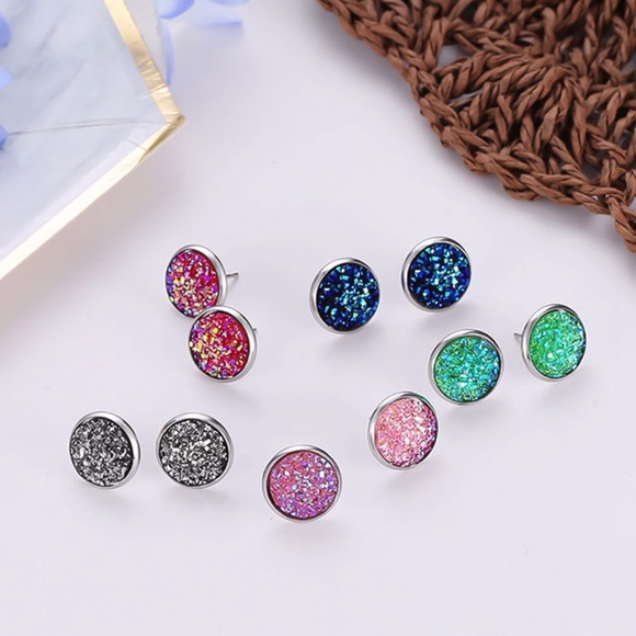 Druzy Opal White Crystal Round Silver Studs - Picture 4 of 6